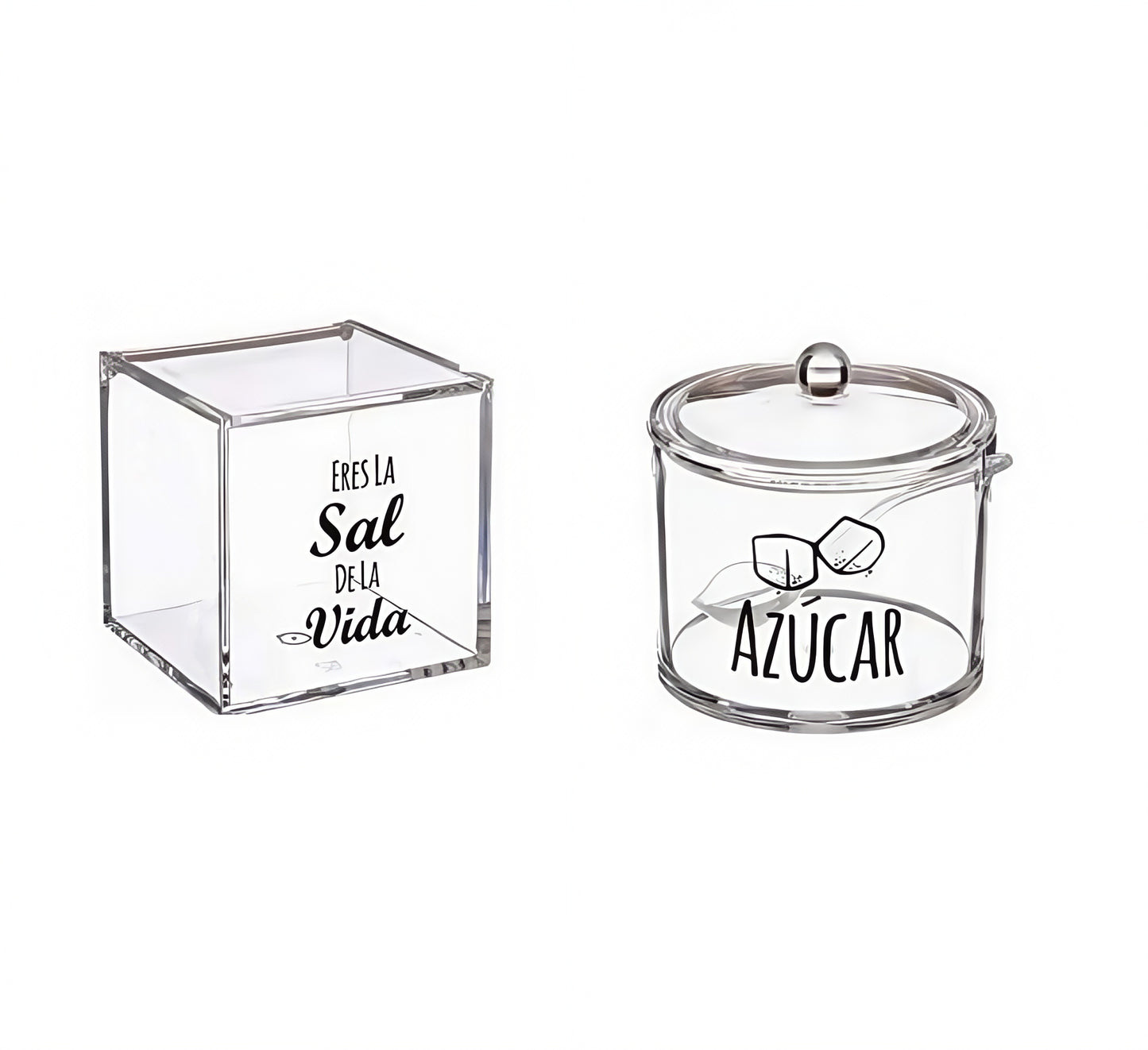 DAMDAM GO Salero y Azucarero de Cocina Super Original Acrilico Diseño Frases, Juego de Sal y Azúcar con Tapa