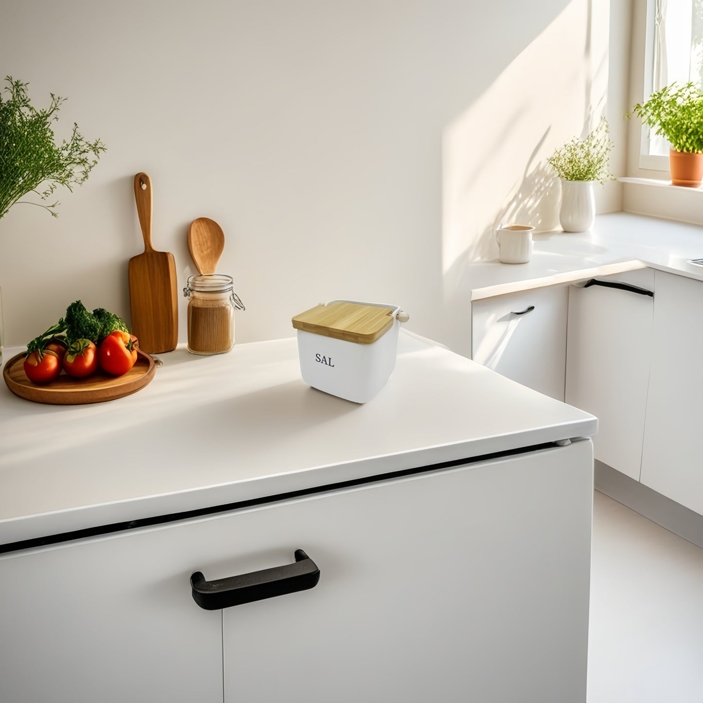 Salero y azucarero cocina blanco minimalista ceramica con tapa madera español (Salero)