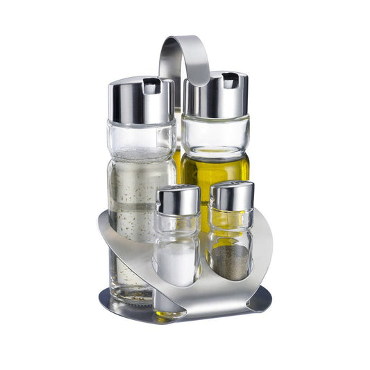 Set de Aceitera y Vinagrera, Vidrio, Acero Inoxidable, Juego de 4 Especieros, con Asa Fácil Transporte, Ideal Para Cocina, Comedor o Restaurante