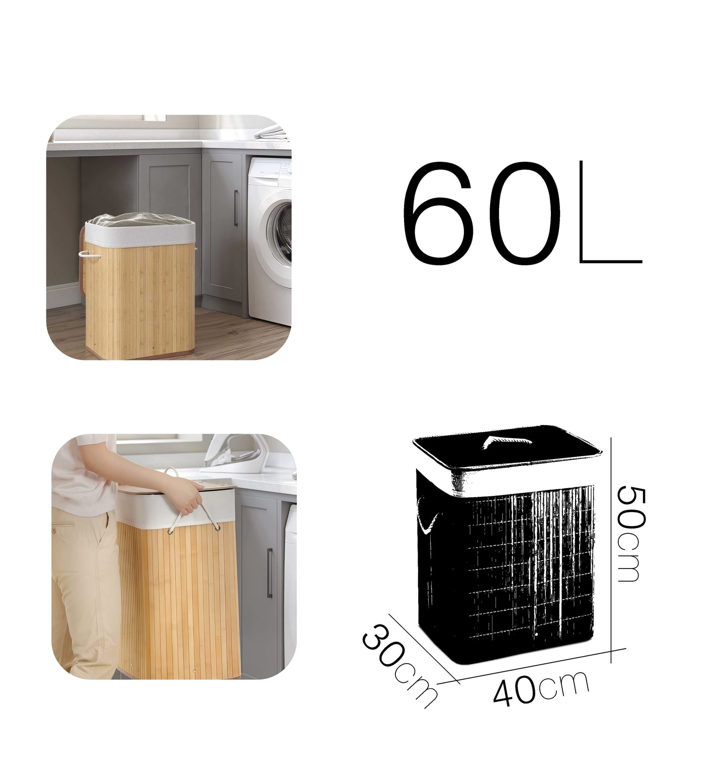 Cesto Para Ropa Sucia, Cubo con Tapa y Asas, Bolsa Lavable Extraíble, Cesta de Bambú Para Ropa