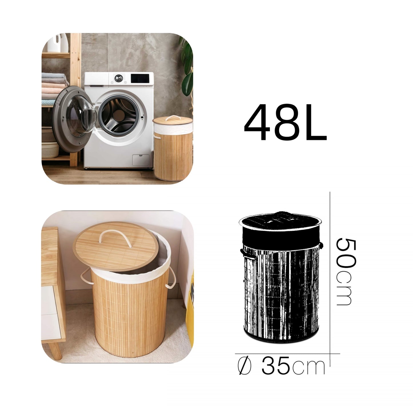 Cesto Para Ropa Sucia, Cubo con Tapa y Asas, Bolsa Lavable Extraíble, Cesta de Bambú Para Ropa