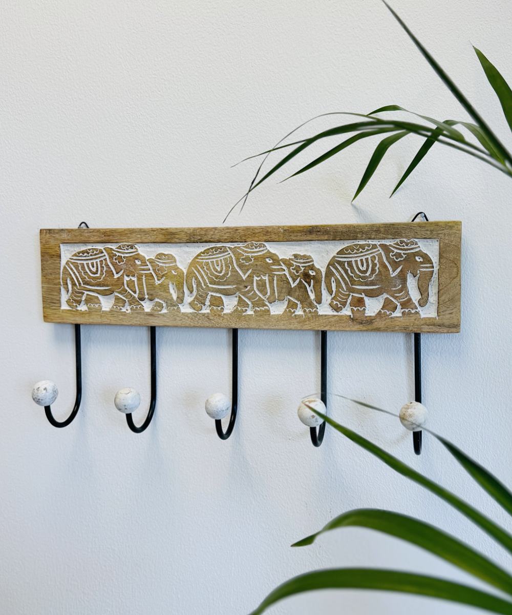 DAMDAM GO Perchero Pared 5 Colgador Madera Tallada Elefante, Para Recibidores, Entradas, Dormitorios, Habitaciones Infantiles y Baños 38x18 cm