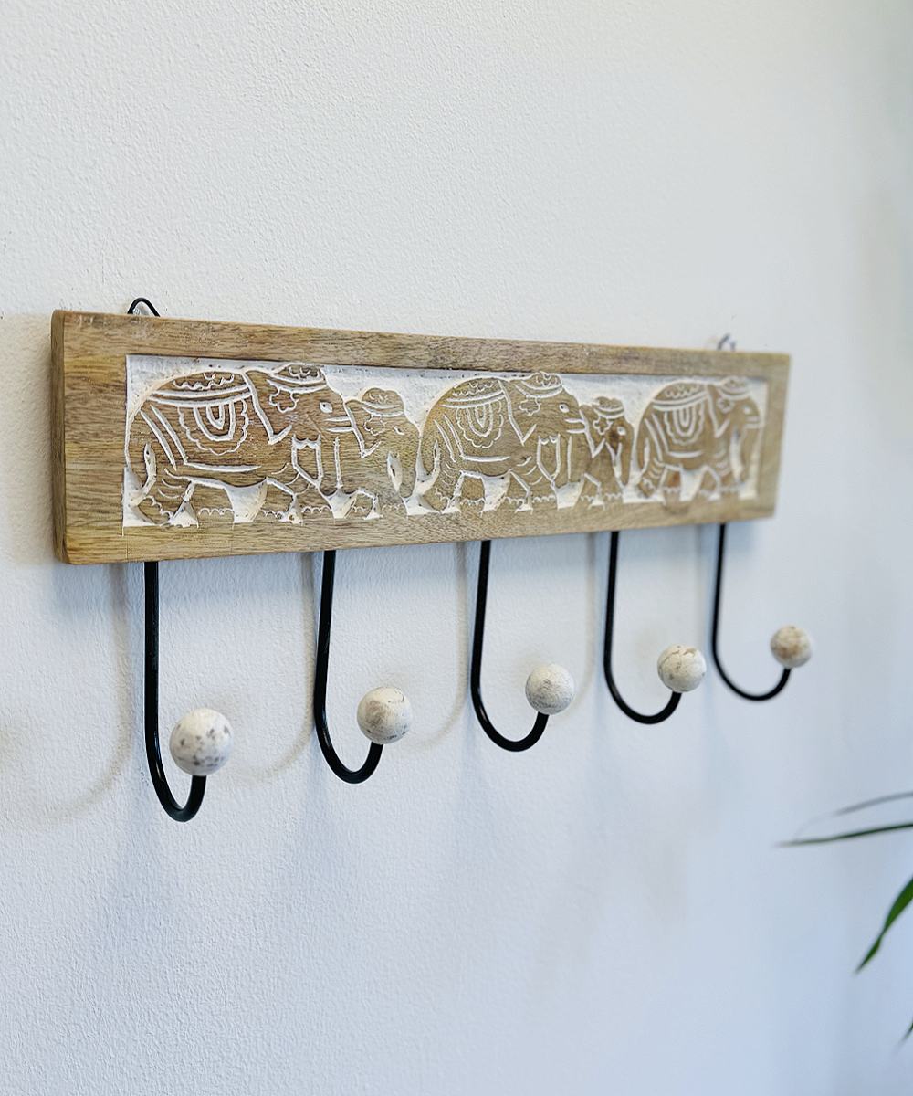 DAMDAM GO Perchero Pared 5 Colgador Madera Tallada Elefante, Para Recibidores, Entradas, Dormitorios, Habitaciones Infantiles y Baños 38x18 cm