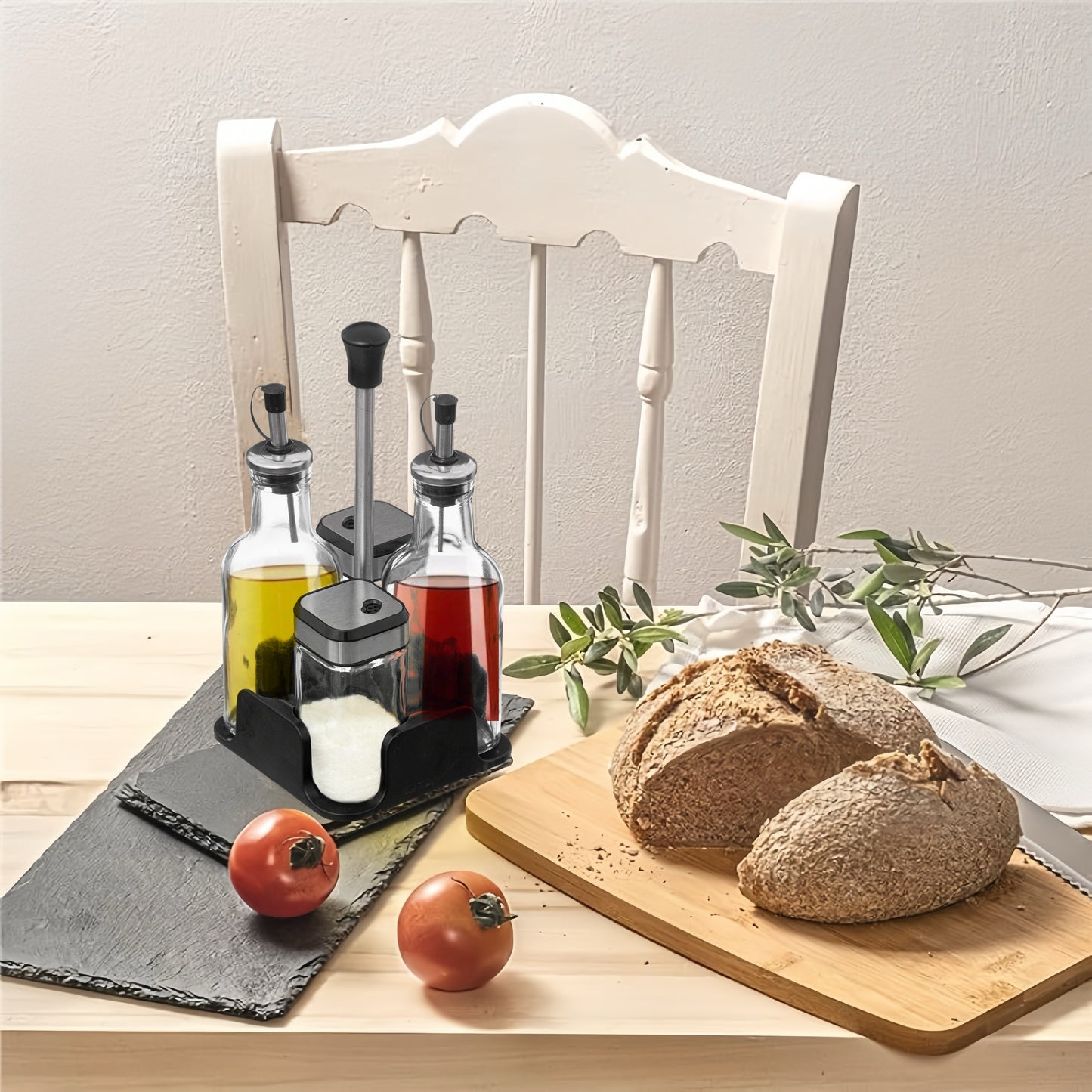 DAMDAM GO Set de Aceitera de Cristal Para Cocina, Juego de Aceitera, Vinagrera, Salero y Pimentero, Con Tapón Anti-Suciedad