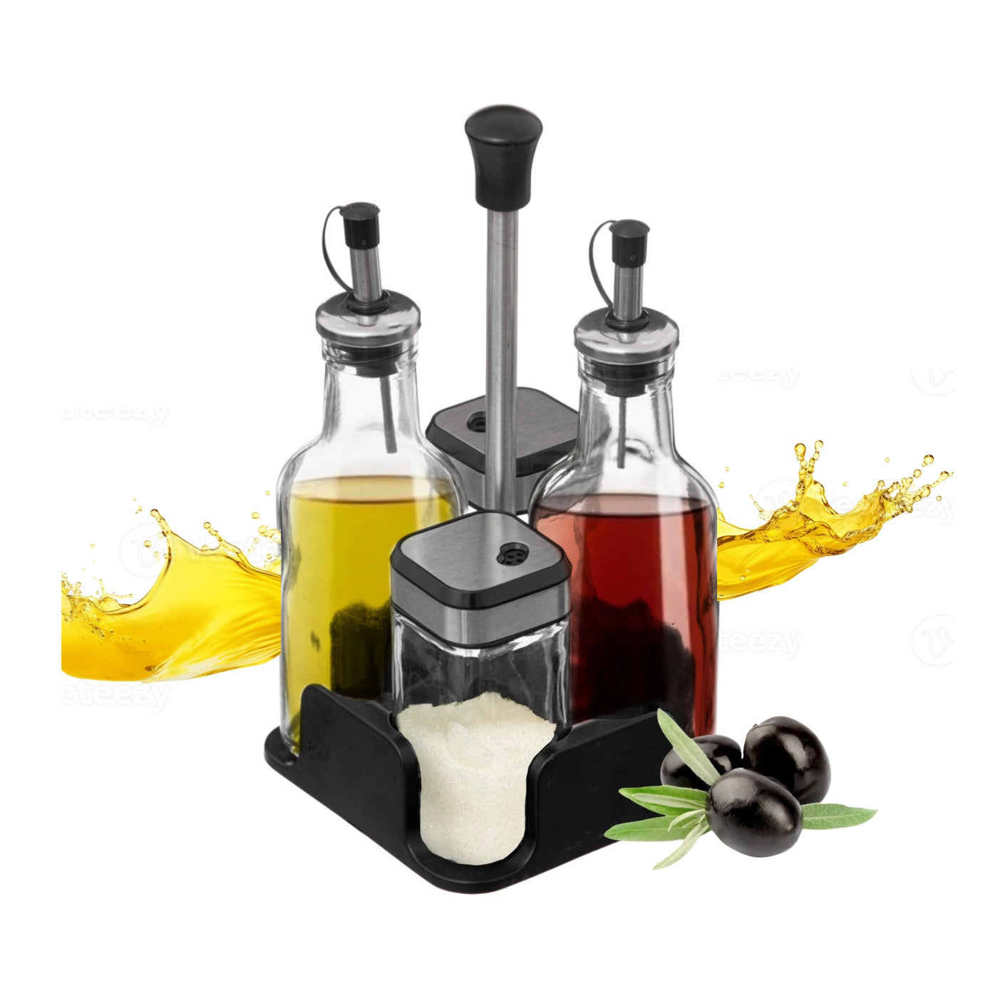 DAMDAM GO Set de Aceitera de Cristal Para Cocina, Juego de Aceitera, Vinagrera, Salero y Pimentero, Con Tapón Anti-Suciedad