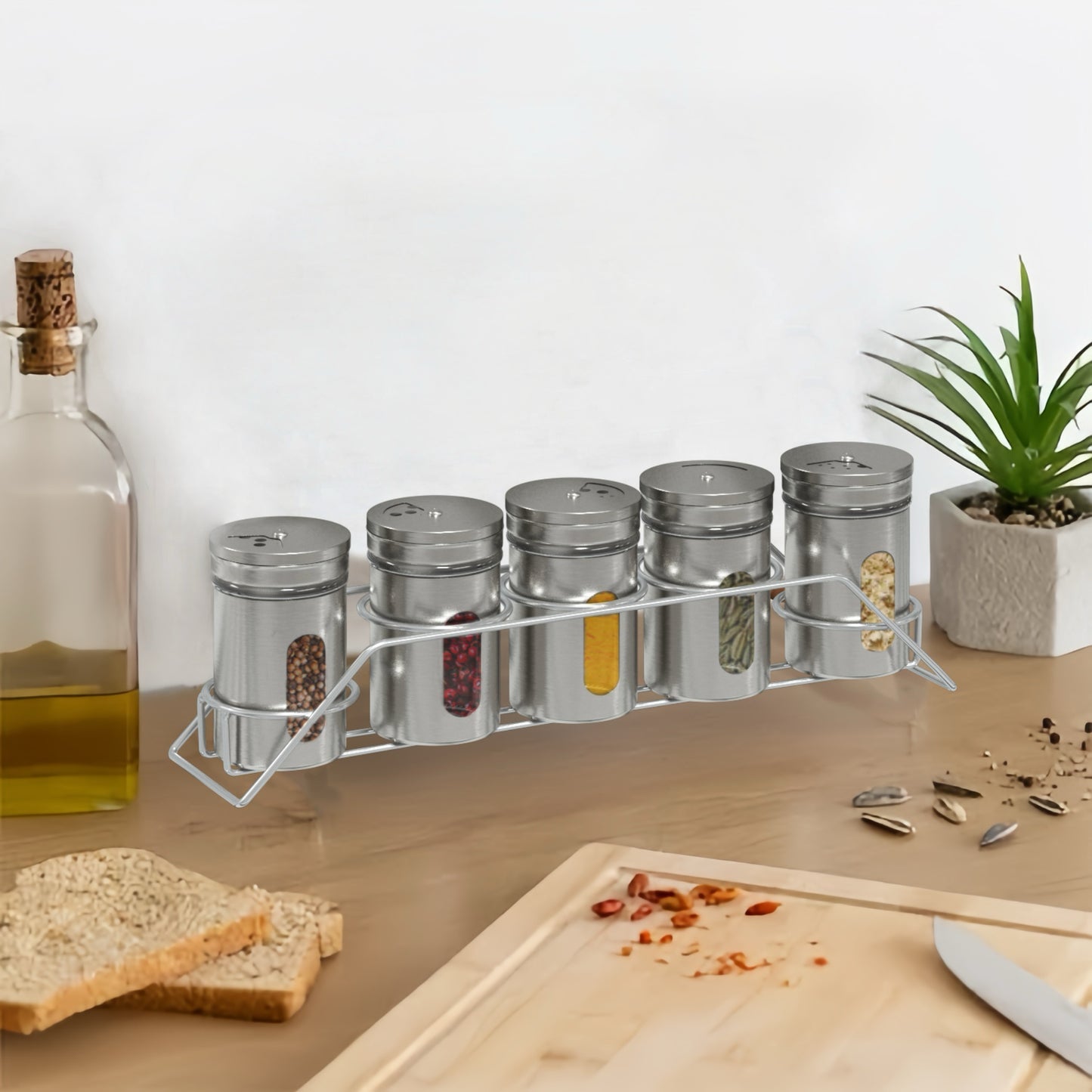 DAMDAM GO Set de 5 PCS Botes Especias, Con Soporte Acero Inoxidable, Juego de 5 Tarros de Especias con Tapa Giratoria 3 Tamaño Fino, Mediano y Grueso