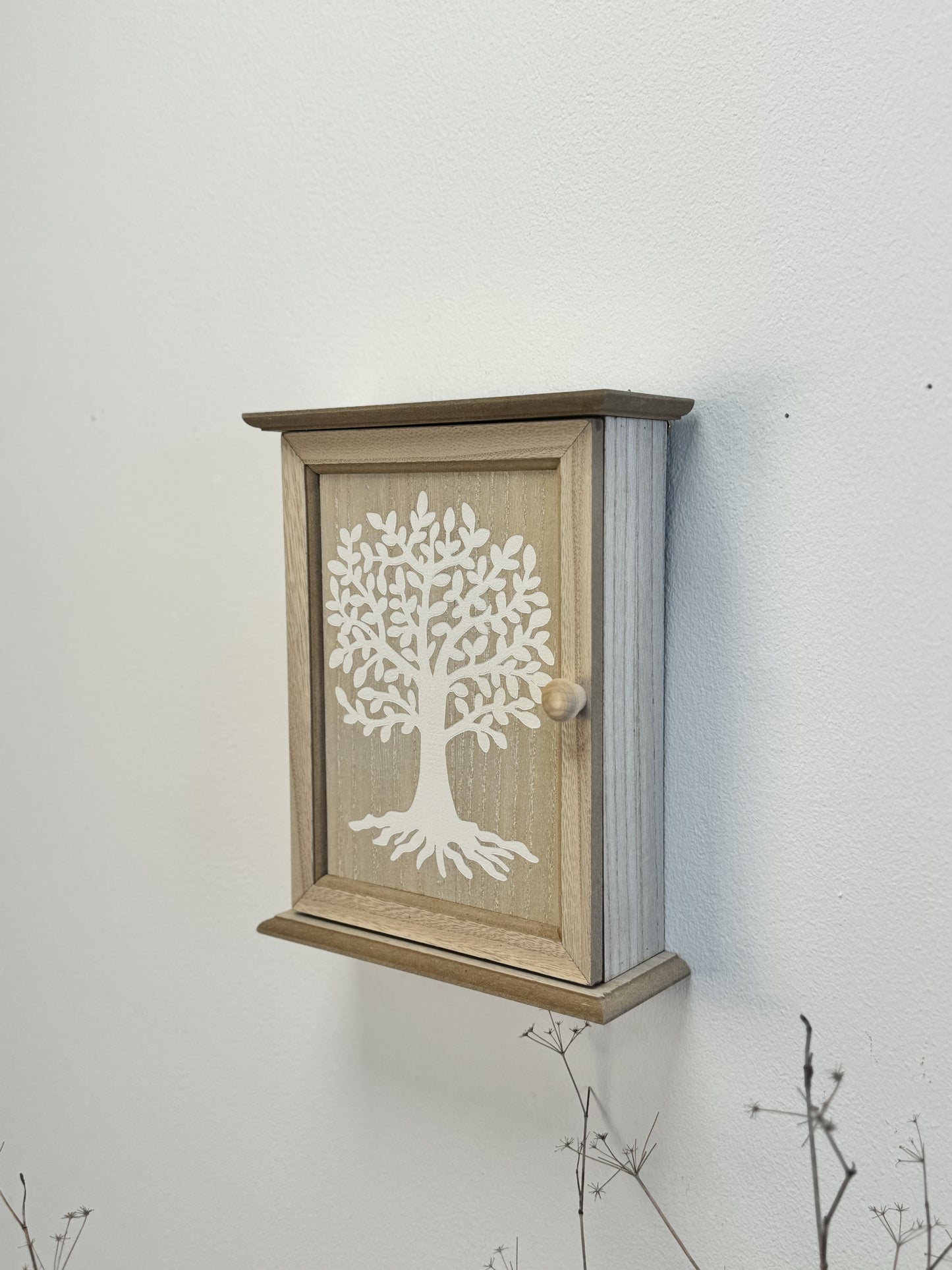 Caja Guardallaves de Madera Decorada con Arbol de la Vida Estilo Nórdico con 6 Colgadores de Pared