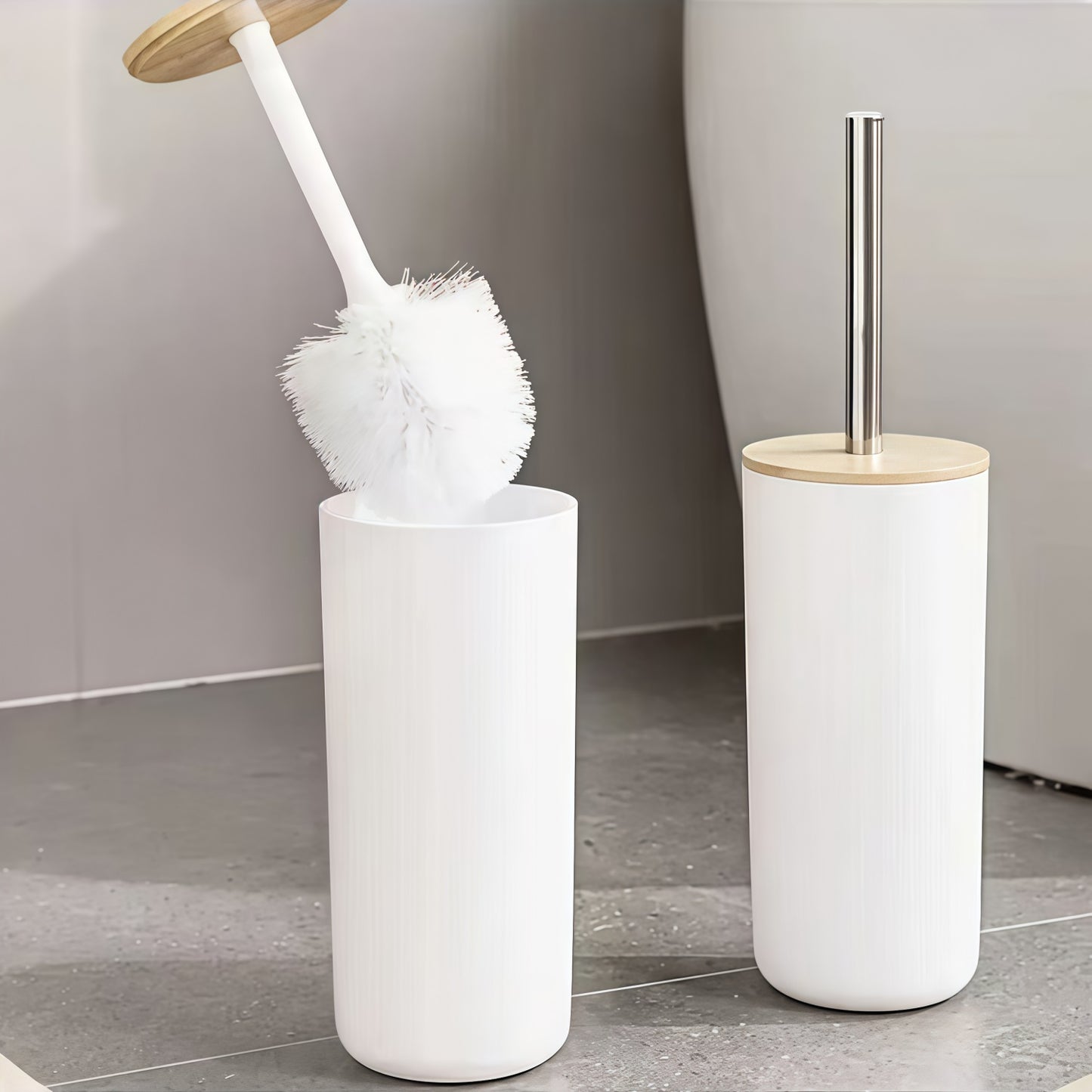 Escobillero plastico blanco palo acero inox tapa bambu 9 x 37 cm