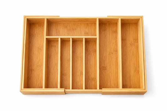 Cubertero de Bambú Extensible para Cajón de Cocina – Ajustable de 25,5 a 37 cm, 5–7 Compartimentos, Organizador de Cubiertos para Cajones Pequeños y Medianos