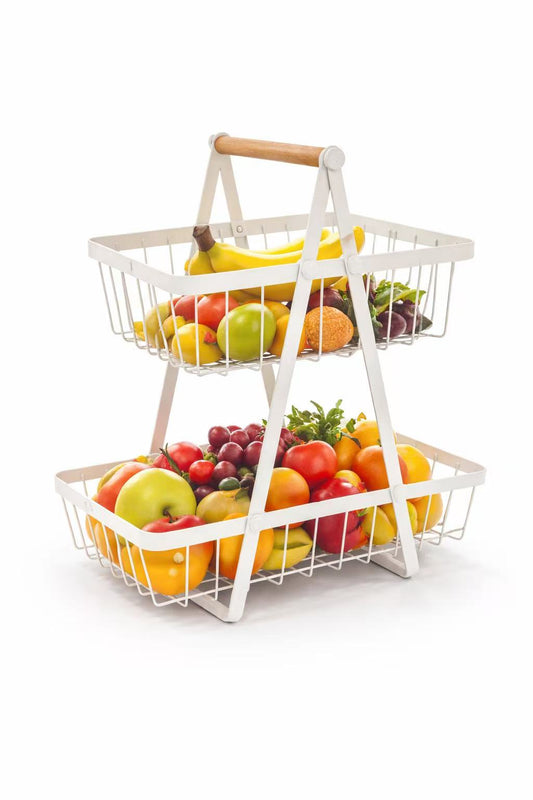 Frutero de 2 Niveles con Asa de Madera, Cesta Organizadora de Metal Resistente hasta 5 kg, 30 x 18 x 32 cm, Soporte Estable para Cocina, Baño u Oficina