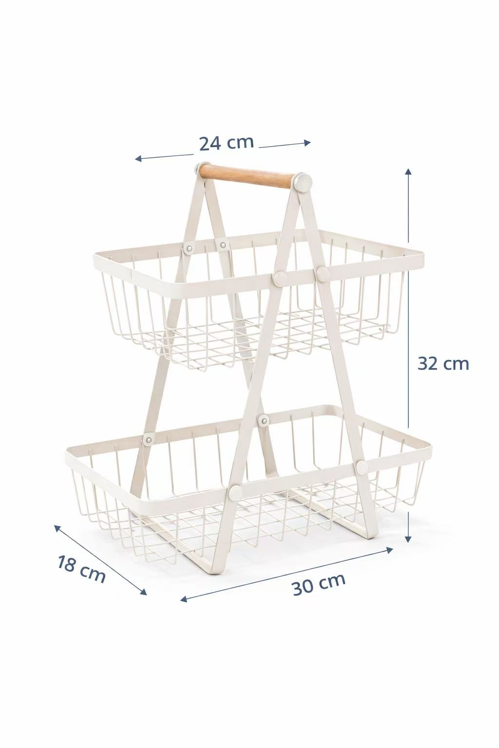 Frutero de 2 Niveles con Asa de Madera, Cesta Organizadora de Metal Resistente hasta 5 kg, 30 x 18 x 32 cm, Soporte Estable para Cocina, Baño u Oficina