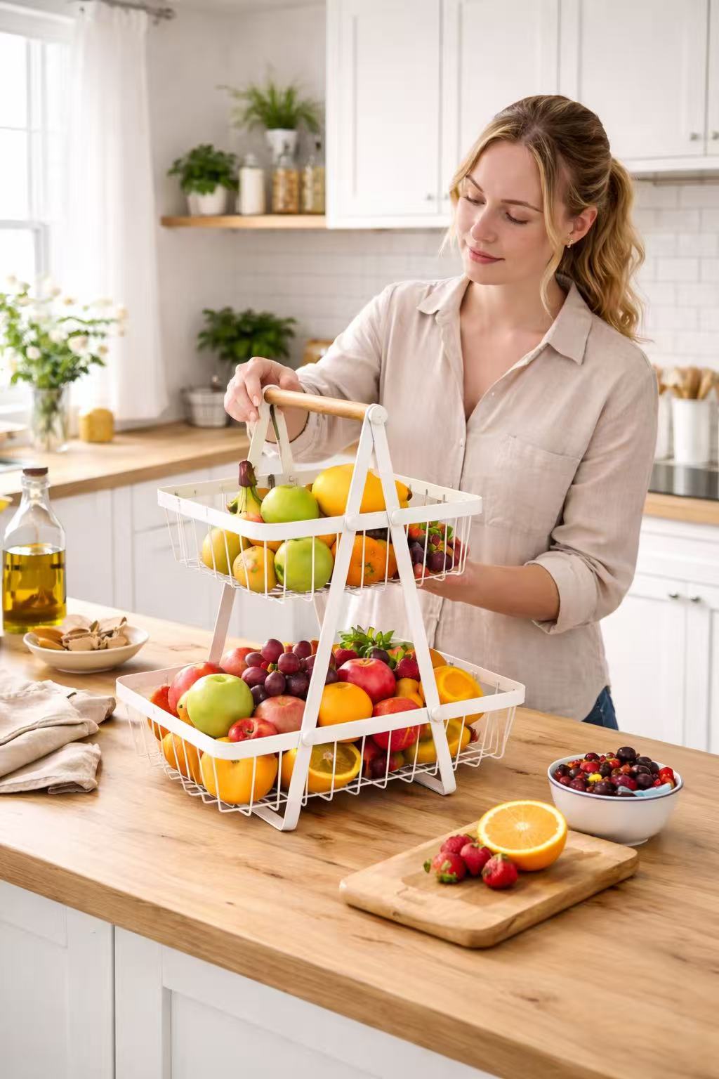 Frutero de 2 Niveles con Asa de Madera, Cesta Organizadora de Metal Resistente hasta 5 kg, 30 x 18 x 32 cm, Soporte Estable para Cocina, Baño u Oficina