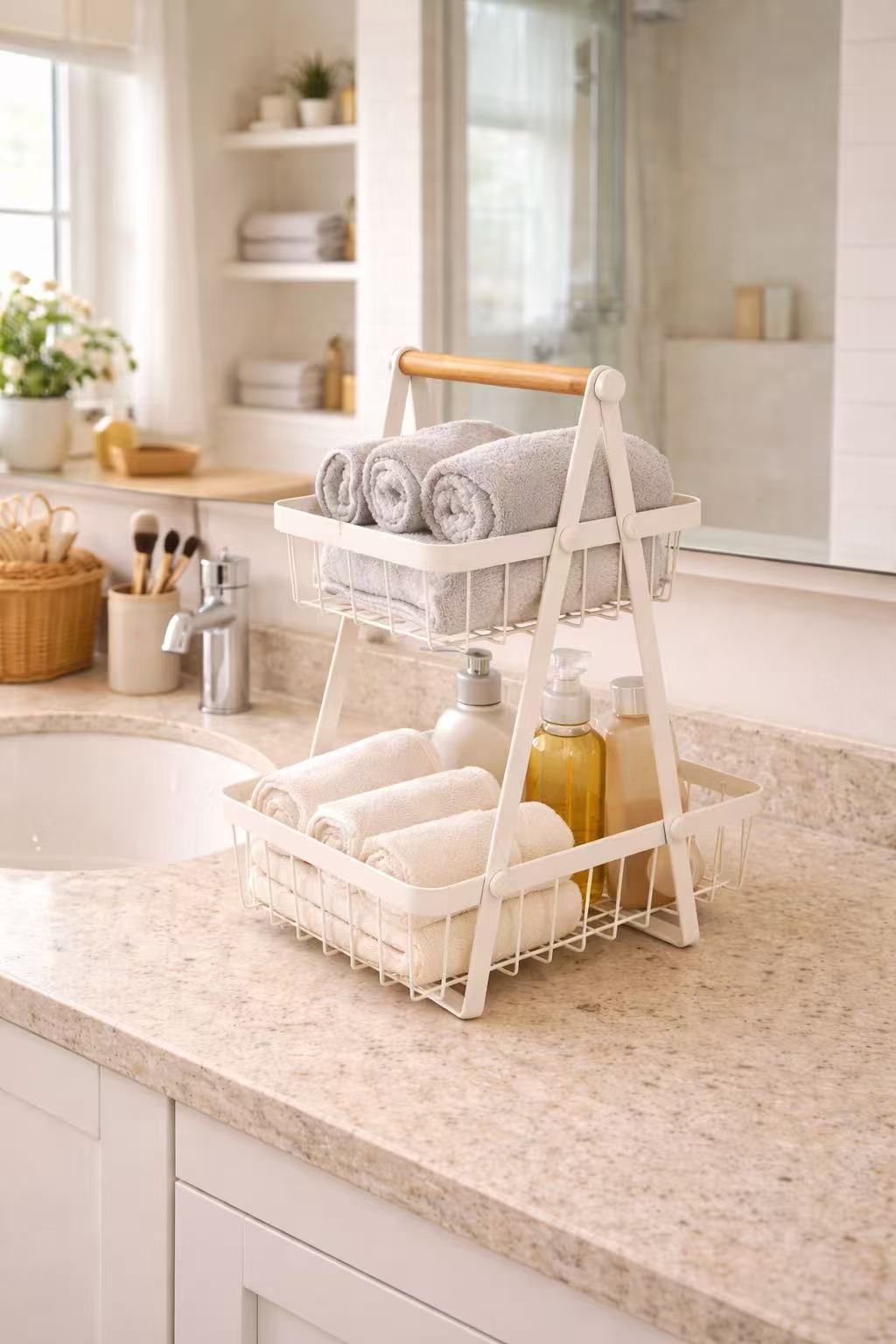 Frutero de 2 Niveles con Asa de Madera, Cesta Organizadora de Metal Resistente hasta 5 kg, 30 x 18 x 32 cm, Soporte Estable para Cocina, Baño u Oficina
