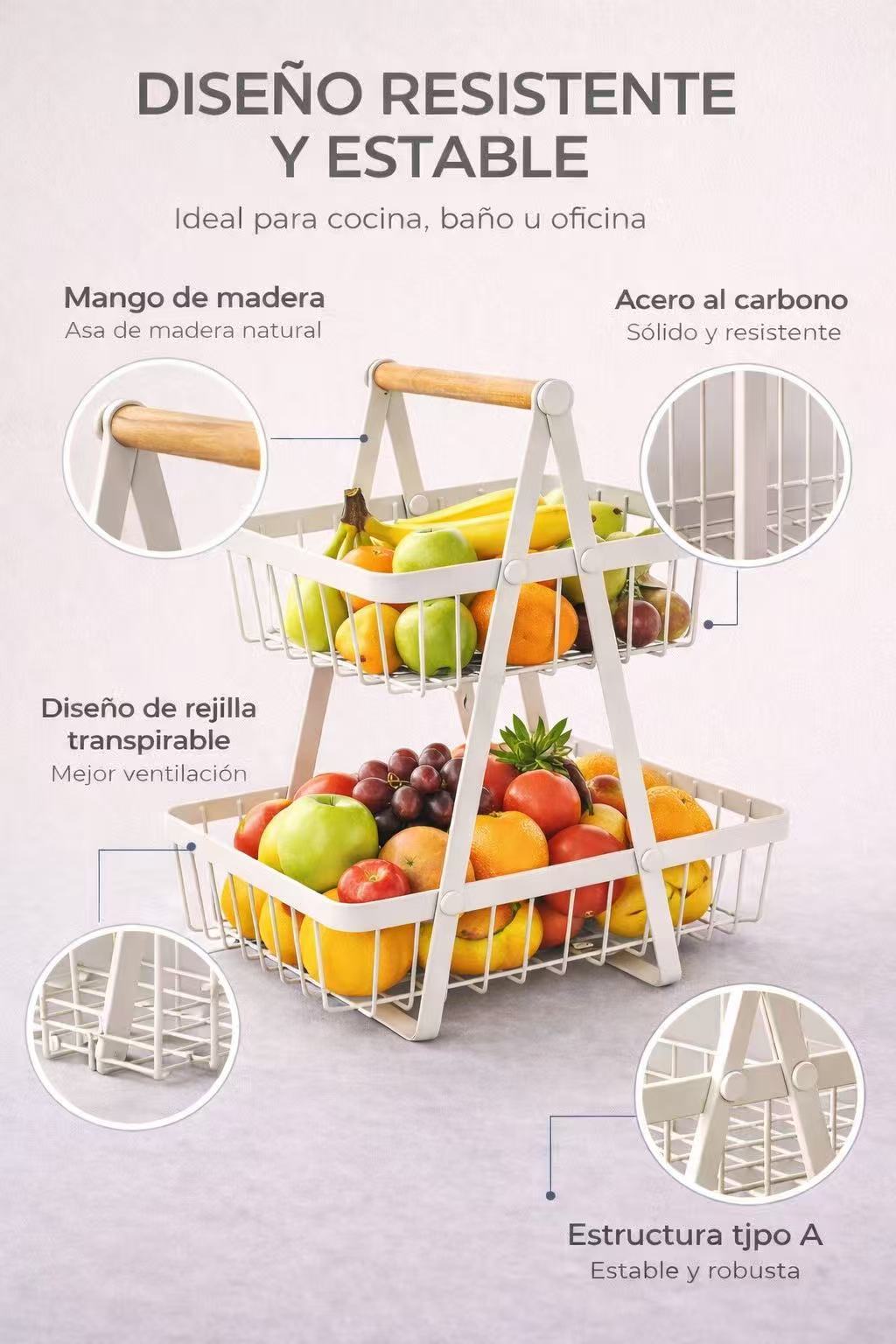 Frutero de 2 Niveles con Asa de Madera, Cesta Organizadora de Metal Resistente hasta 5 kg, 30 x 18 x 32 cm, Soporte Estable para Cocina, Baño u Oficina