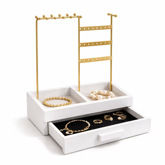Joyero Todo en Uno de Madera Blanca con Estructura Dorada, Organizador de Joyas con Cajón Forrado en Terciopelo Negro, Soporte para Collares y Pendientes – Diseño Elegante y Compacto