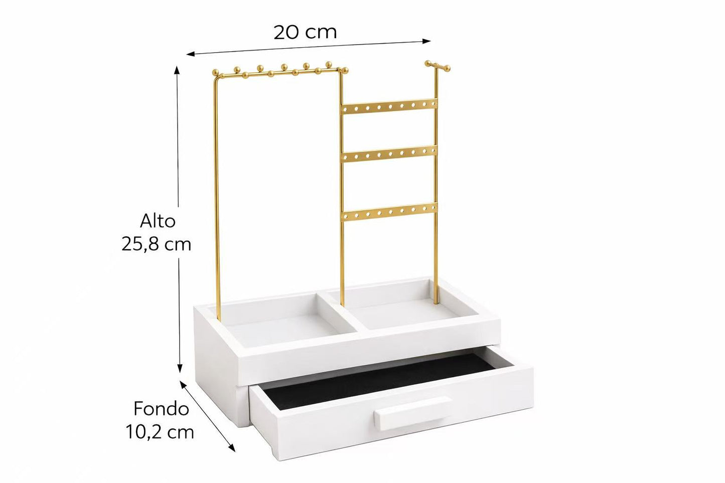 Joyero Todo en Uno de Madera Blanca con Estructura Dorada, Organizador de Joyas con Cajón Forrado en Terciopelo Negro, Soporte para Collares y Pendientes – Diseño Elegante y Compacto
