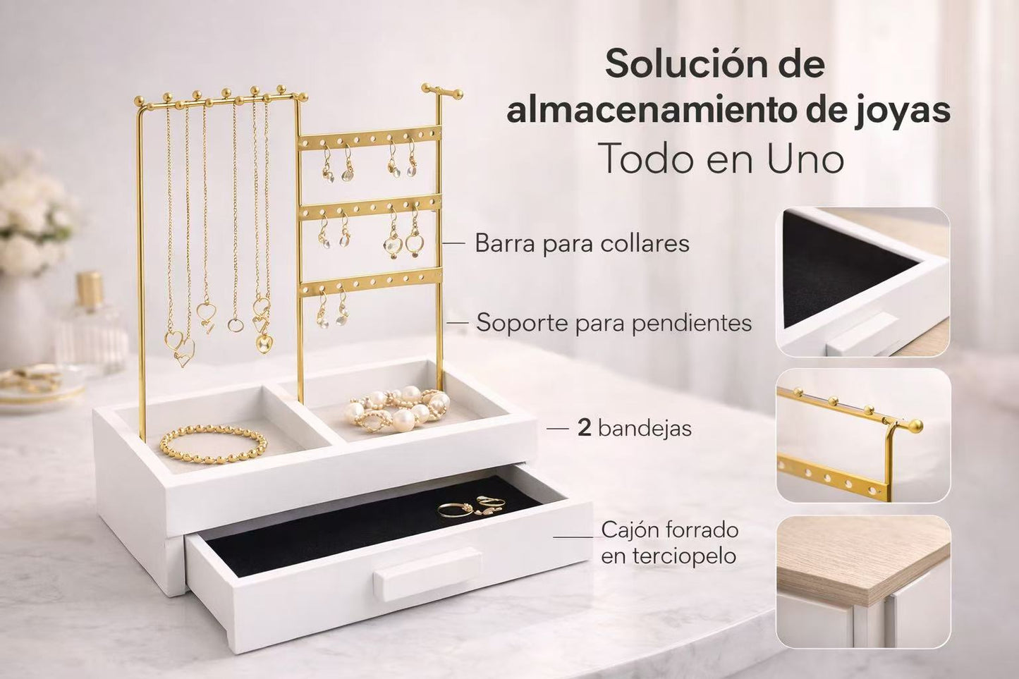 Joyero Todo en Uno de Madera Blanca con Estructura Dorada, Organizador de Joyas con Cajón Forrado en Terciopelo Negro, Soporte para Collares y Pendientes – Diseño Elegante y Compacto