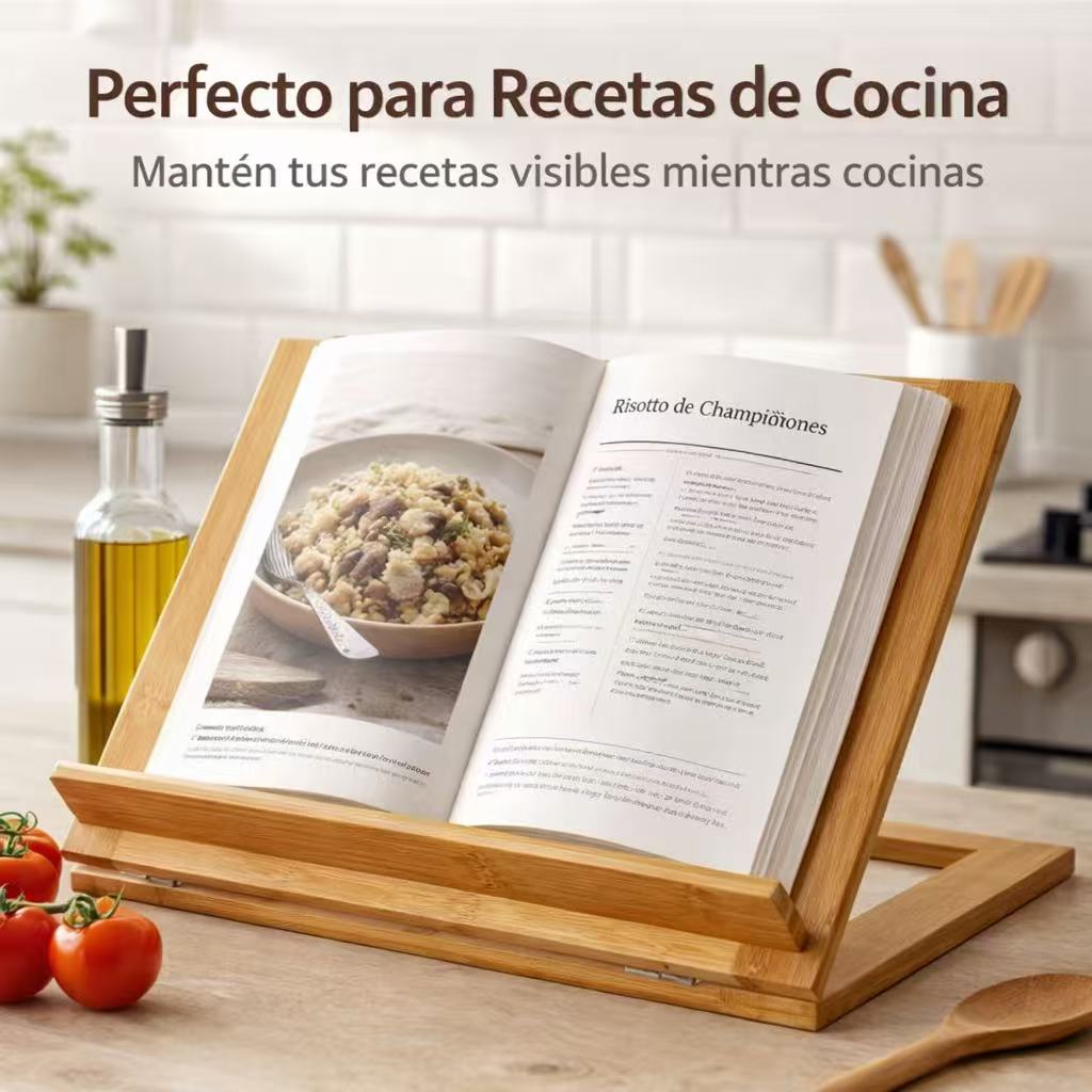 DAMDAM GO Atril de Lectura Ajustable de Bambú Natural – Soporte para Libros, Recetas de Cocina, Tablet y iPad – Atril Plegable con 5 Ángulos Regulables, Soporte Libro para Estudio, Oficina y Cocina