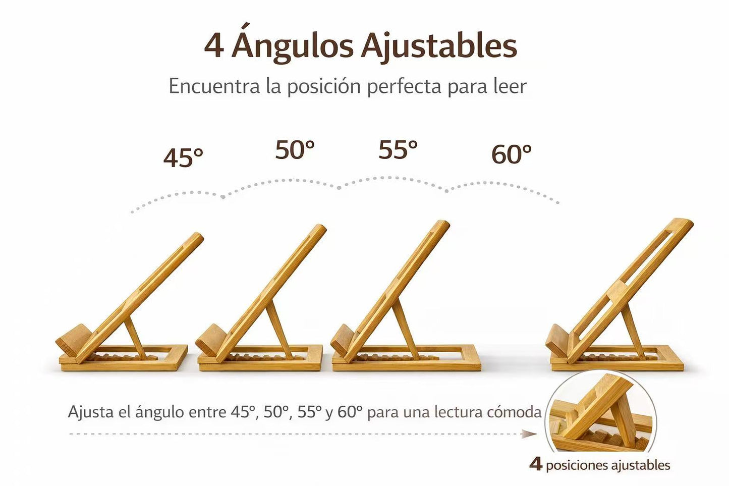 DAMDAM GO Atril de Lectura Ajustable de Bambú Natural – Soporte para Libros, Recetas de Cocina, Tablet y iPad – Atril Plegable con 5 Ángulos Regulables, Soporte Libro para Estudio, Oficina y Cocina