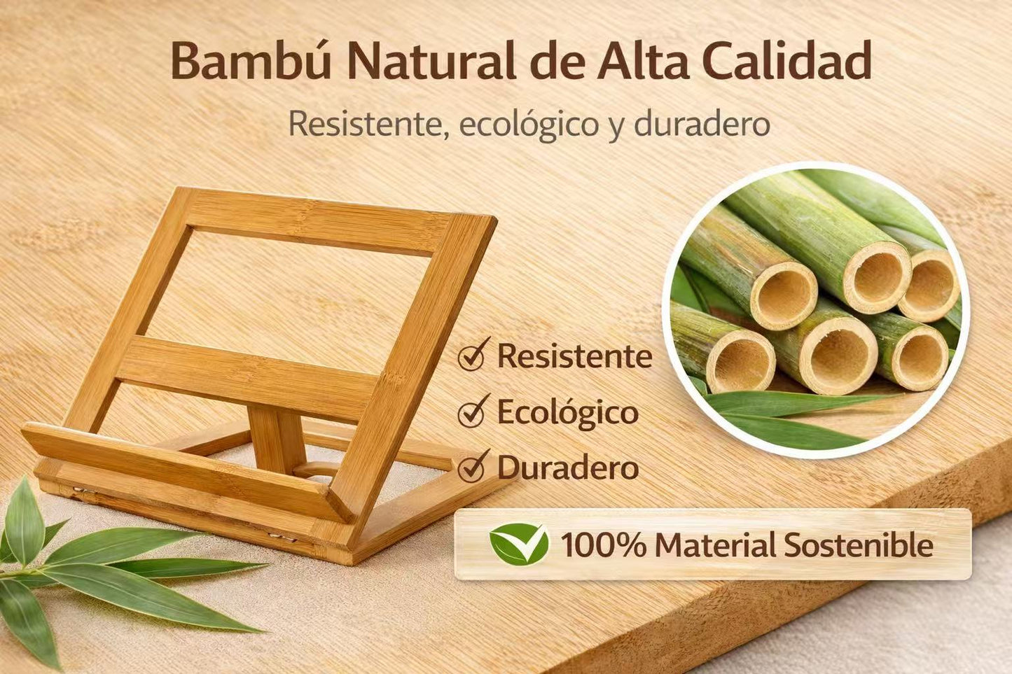 DAMDAM GO Atril de Lectura Ajustable de Bambú Natural – Soporte para Libros, Recetas de Cocina, Tablet y iPad – Atril Plegable con 5 Ángulos Regulables, Soporte Libro para Estudio, Oficina y Cocina