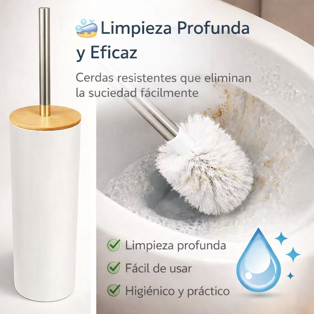 Escobillero Plastico Blanco  9.1 x 37 cm, Escobilla Baño Moderna con Portaescobillas, Diseño Nórdico Blanco con Tapa de Bambú y Mango de Acero Inoxidable