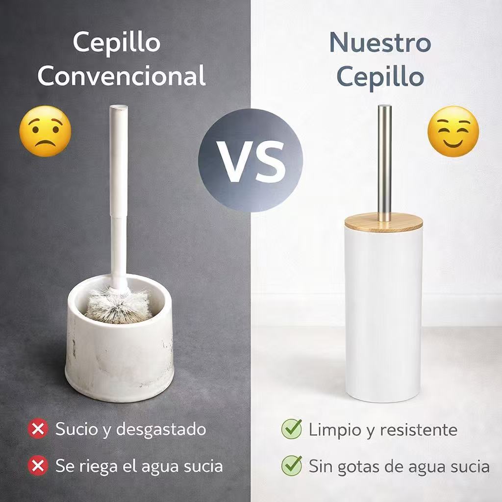 Escobillero Plastico Blanco  9.1 x 37 cm, Escobilla Baño Moderna con Portaescobillas, Diseño Nórdico Blanco con Tapa de Bambú y Mango de Acero Inoxidable