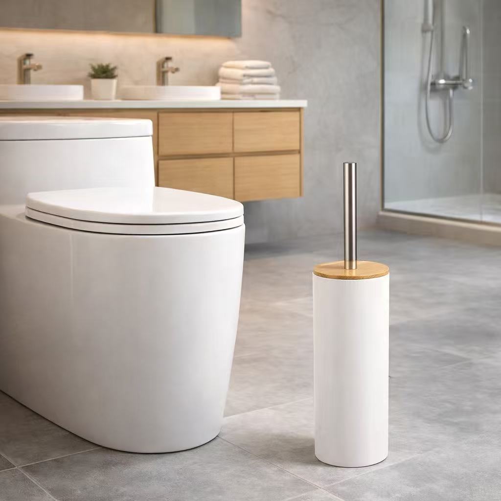 Escobillero Plastico Blanco  9.1 x 37 cm, Escobilla Baño Moderna con Portaescobillas, Diseño Nórdico Blanco con Tapa de Bambú y Mango de Acero Inoxidable