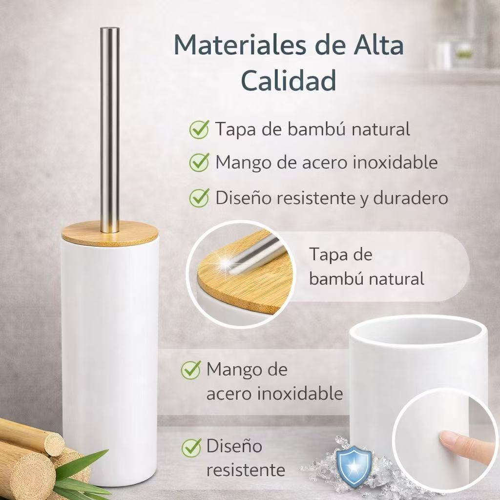 Escobillero Plastico Blanco  9.1 x 37 cm, Escobilla Baño Moderna con Portaescobillas, Diseño Nórdico Blanco con Tapa de Bambú y Mango de Acero Inoxidable