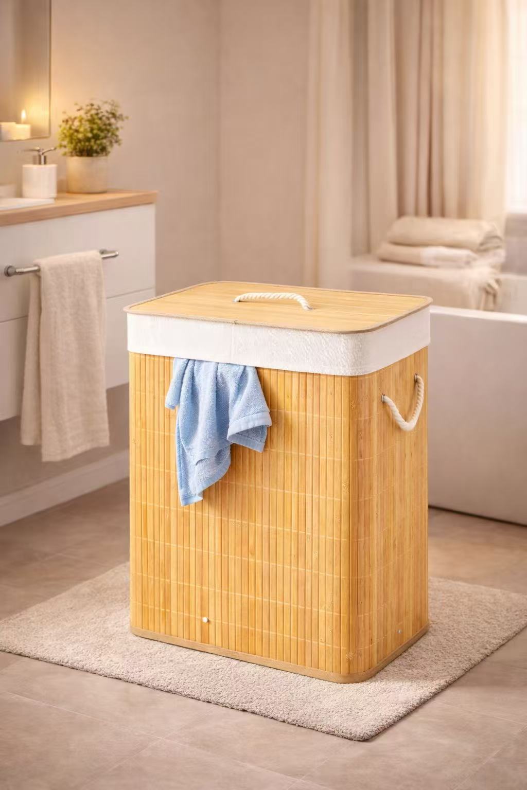 Cesto Para Ropa Sucia, Pongotodo con Tapa Separada Individualmente y Asas, Bolsa Lavable Extraíble, Cesta de Bambú Para Ropa