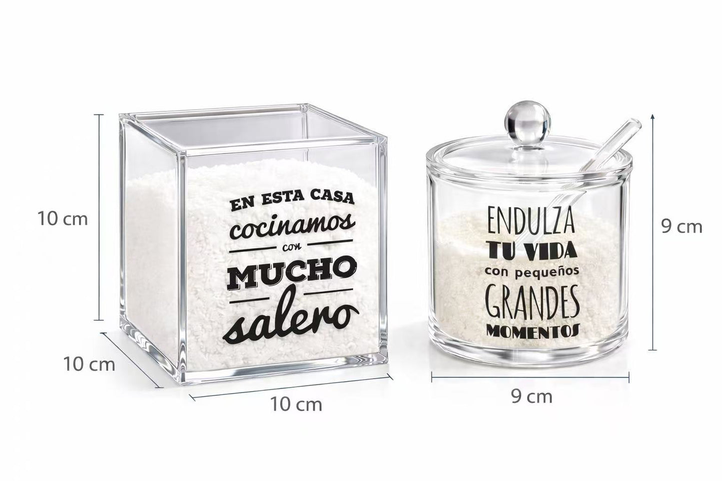 Salero y Azucarero Cocina Juego Acrílico Transparente – Azucarero con Cuchara y Tapa + Salero Cuadrado, Accesorios Cocina Decorativos con Frases Originales