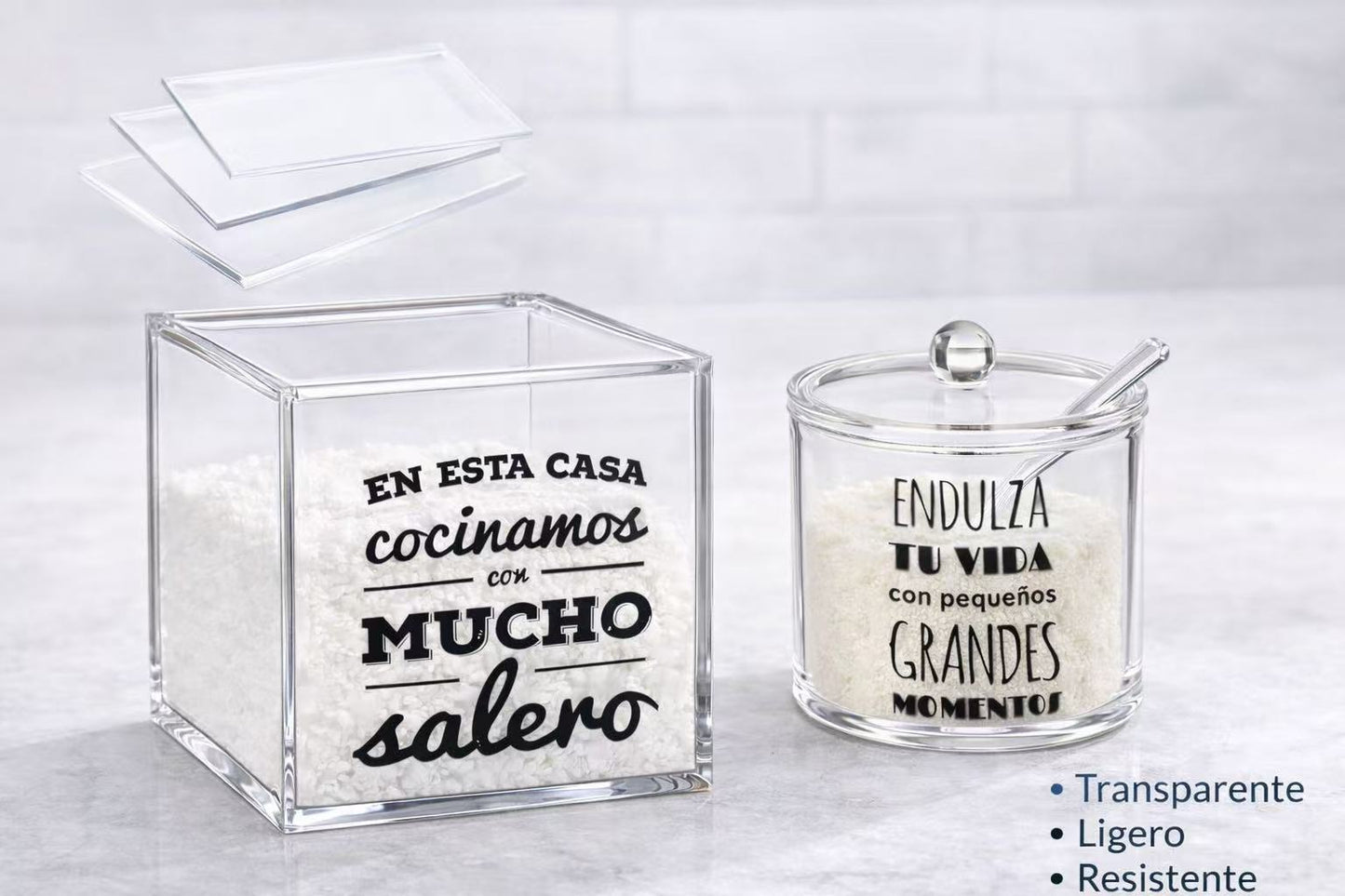 Salero y Azucarero Cocina Juego Acrílico Transparente – Azucarero con Cuchara y Tapa + Salero Cuadrado, Accesorios Cocina Decorativos con Frases Originales