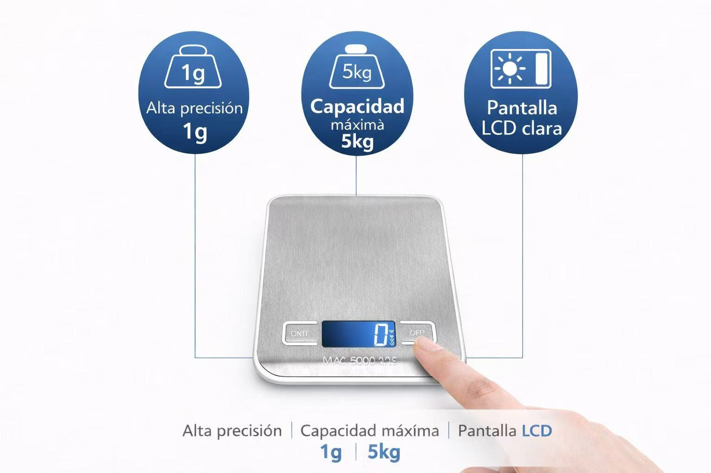 Bascula de Cocina Digital, Alta Precisión 1g, Acero Inoxidable con Pantalla LCD, Función Tara y Conversión de Unidades g/kg/lb/oz, Capacidad Máxima 5kg para Repostería y Cocina