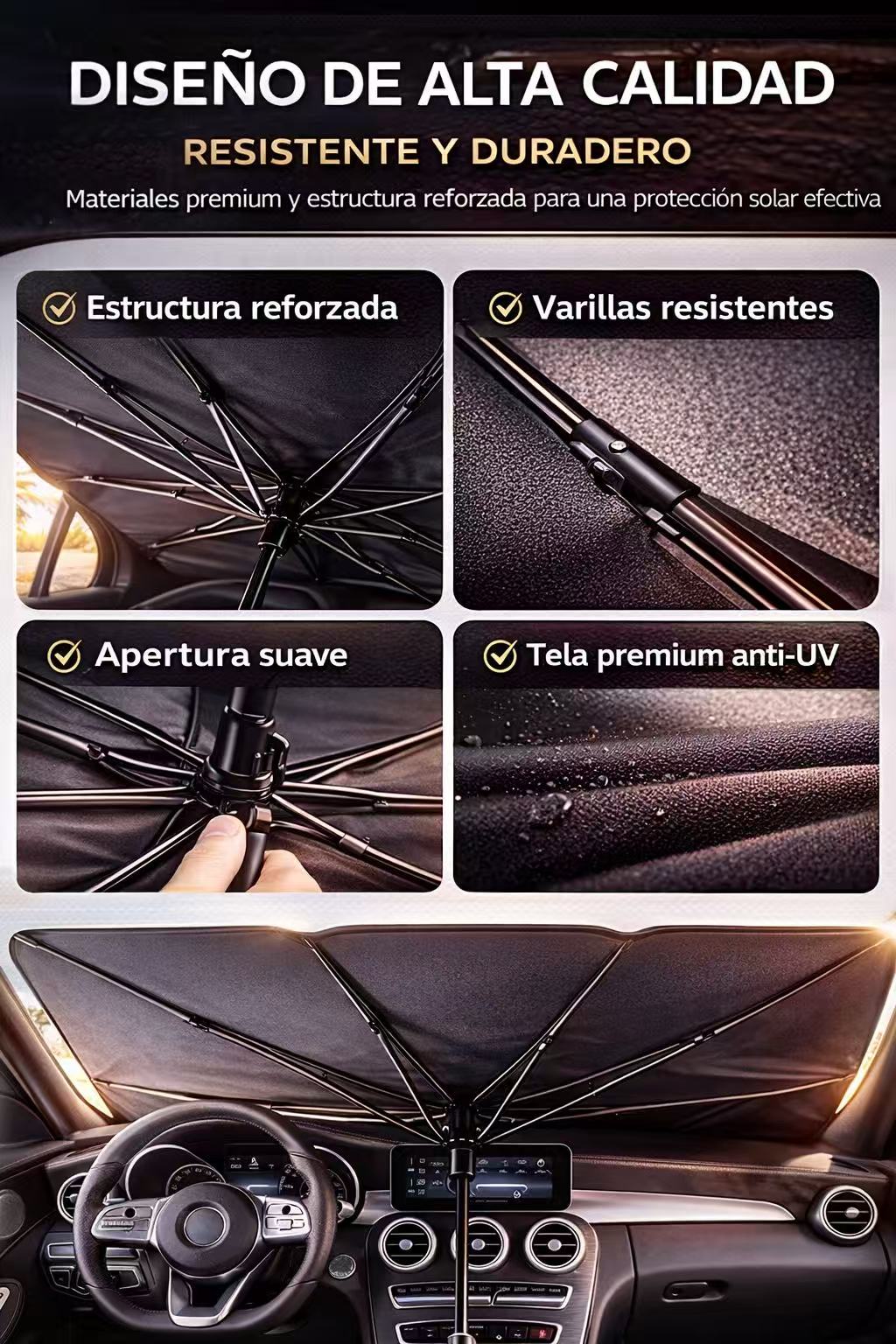 Parasol Coche Tipo Paraguas para Parabrisas, Protector Solar UV, Reduce el Calor Interior, Plegable Compacto con Funda, Universal