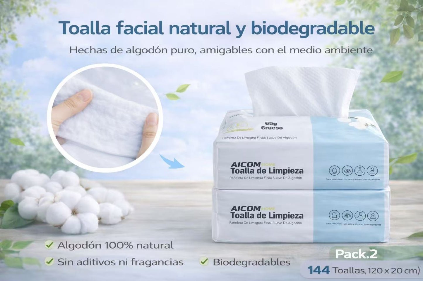 Toallas Faciales Desechables de Algodón 100%, 20x20 cm, 144 Unidades (2 Paquetes), Extra Gruesas y Suaves, Uso Seco y Húmedo, Reutilizables, Sin Perfume, para Cara, Desmaquillar y Limpieza del Hogar