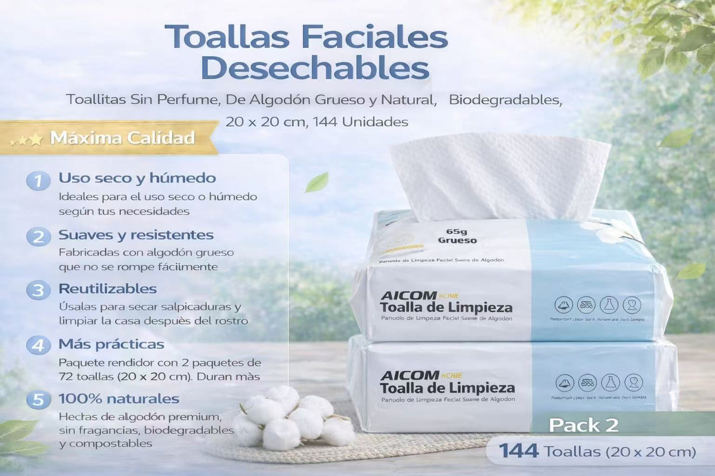Toallas Faciales Desechables de Algodón 100%, 20x20 cm, 144 Unidades (2 Paquetes), Extra Gruesas y Suaves, Uso Seco y Húmedo, Reutilizables, Sin Perfume, para Cara, Desmaquillar y Limpieza del Hogar