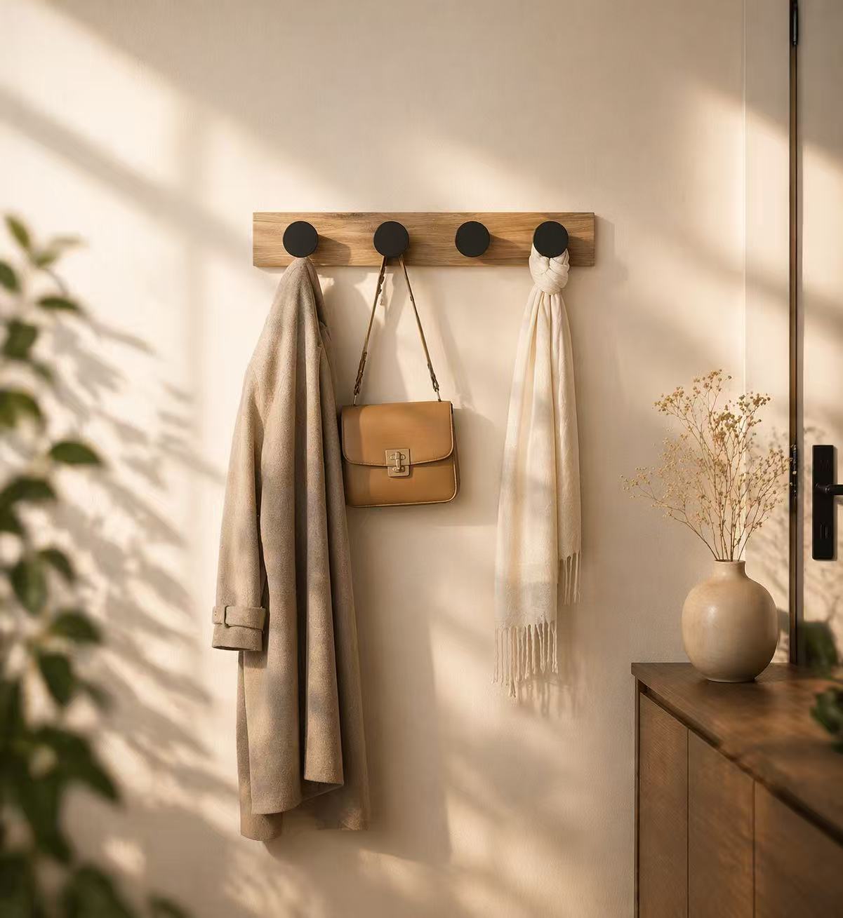 DAMDAM GO - Perchero de Pared con 4 Ganchos Redondos de Madera – No Deja Marcas en la Ropa, Ideal para Abrigos, Bolsos y Llaves – Diseño Moderno para Entrada, Baño o Dormitorio