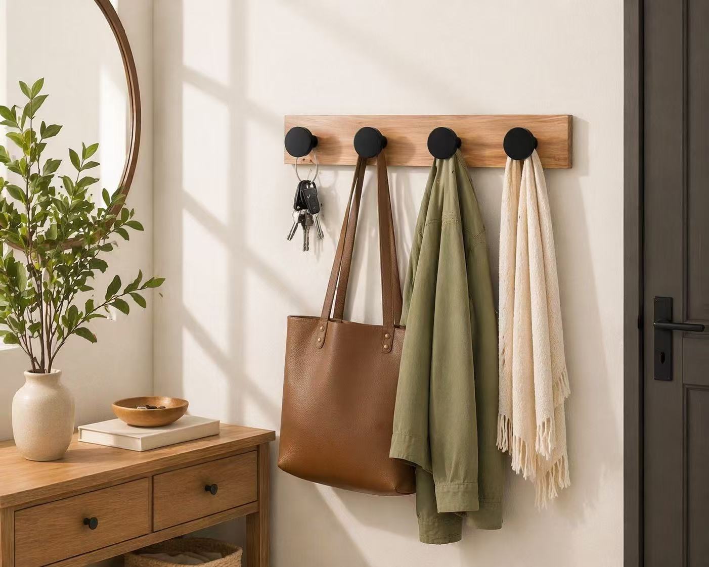 DAMDAM GO - Perchero de Pared con 4 Ganchos Redondos de Madera – No Deja Marcas en la Ropa, Ideal para Abrigos, Bolsos y Llaves – Diseño Moderno para Entrada, Baño o Dormitorio