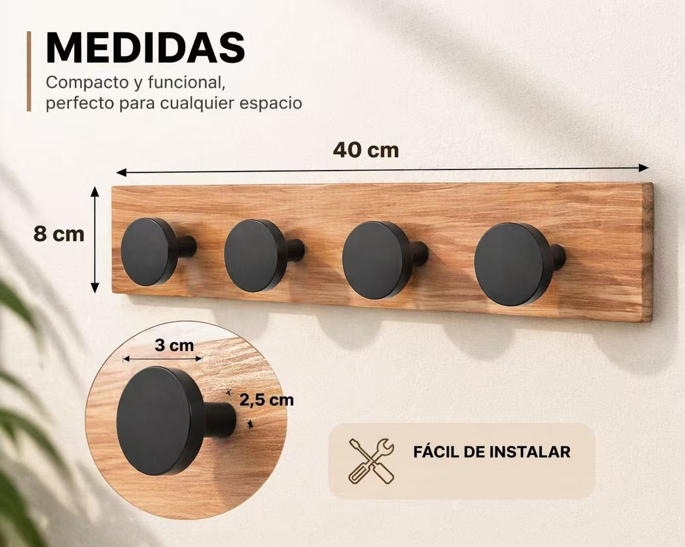 DAMDAM GO - Perchero de Pared con 4 Ganchos Redondos de Madera – No Deja Marcas en la Ropa, Ideal para Abrigos, Bolsos y Llaves – Diseño Moderno para Entrada, Baño o Dormitorio
