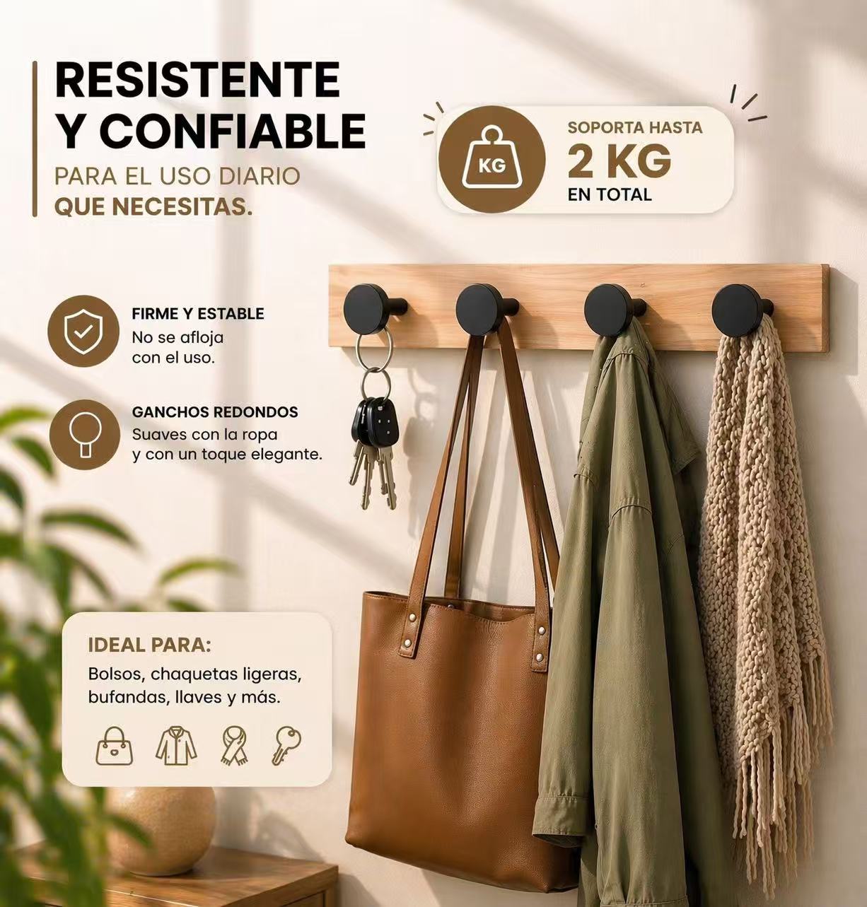 DAMDAM GO - Perchero de Pared con 4 Ganchos Redondos de Madera – No Deja Marcas en la Ropa, Ideal para Abrigos, Bolsos y Llaves – Diseño Moderno para Entrada, Baño o Dormitorio