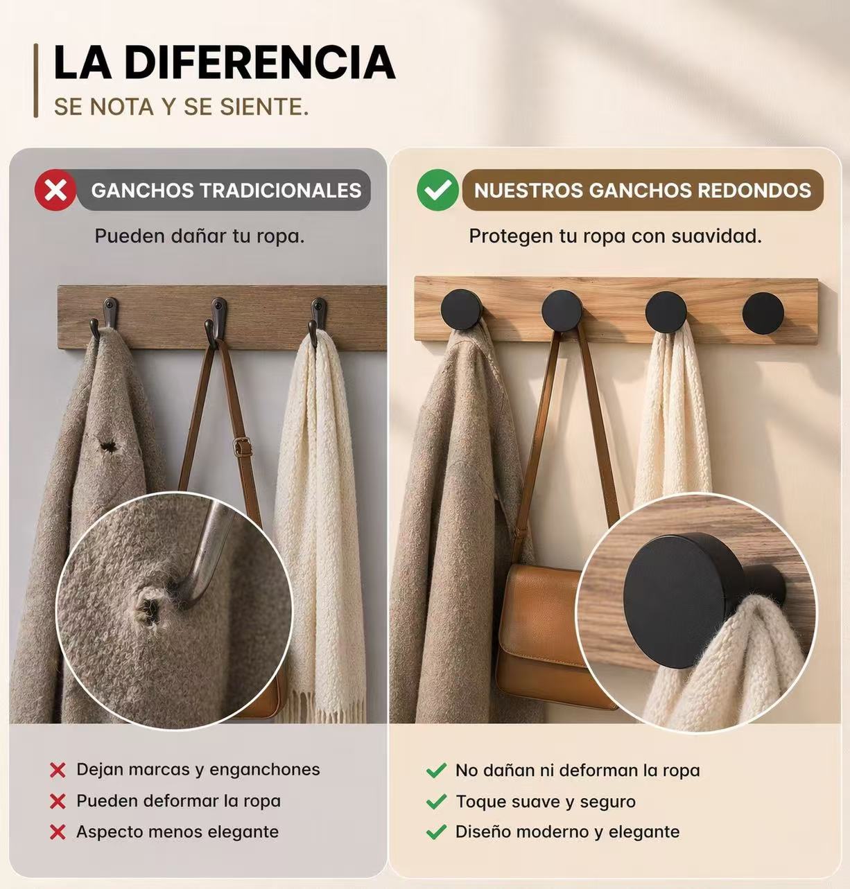 DAMDAM GO - Perchero de Pared con 4 Ganchos Redondos de Madera – No Deja Marcas en la Ropa, Ideal para Abrigos, Bolsos y Llaves – Diseño Moderno para Entrada, Baño o Dormitorio