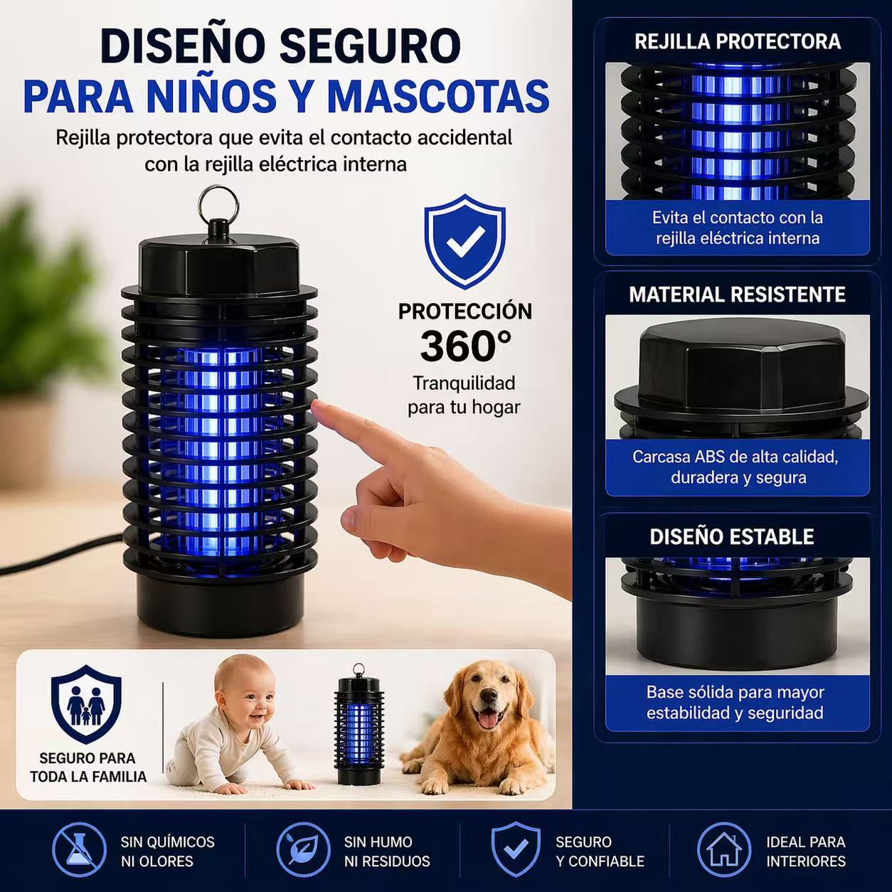 DAMDAM GO Mata Mosquitos Eléctrico LED UV 1W, Antimosquitos Silencioso con Luz Ultravioleta, Cobertura 30-40 m², Bajo Consumo, para Interior – Dormitorio, Cocina, Oficina