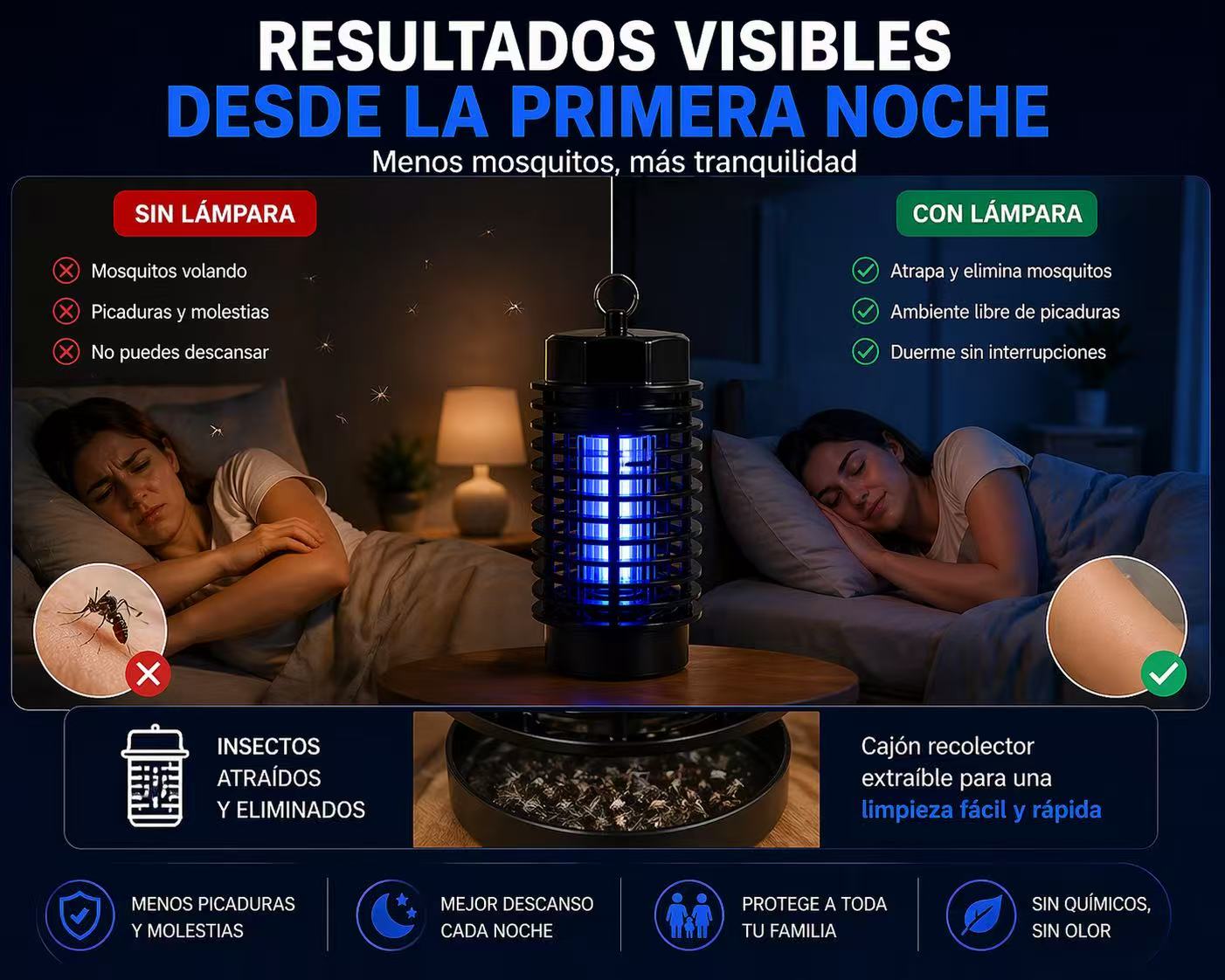 DAMDAM GO Mata Mosquitos Eléctrico LED UV 1W, Antimosquitos Silencioso con Luz Ultravioleta, Cobertura 30-40 m², Bajo Consumo, para Interior – Dormitorio, Cocina, Oficina