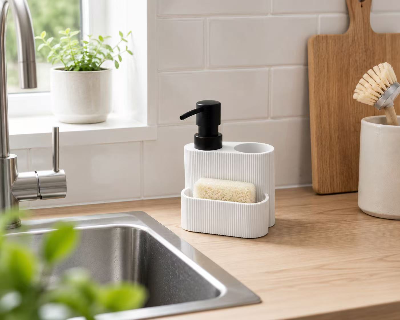 Dispensador de Jabón Cocina con Porta Estropajos, Dosificador Jabón Resina Elegante para Fregadero 300 ml, Soporte para Esponja y Cepillo, Diseño Moderno Blanco, Esponja y Cepillo no incluidos