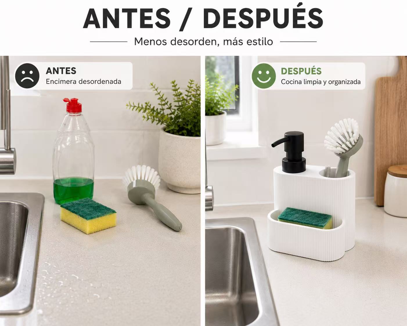 Dispensador de Jabón Cocina con Porta Estropajos, Dosificador Jabón Resina Elegante para Fregadero 300 ml, Soporte para Esponja y Cepillo, Diseño Moderno Blanco, Esponja y Cepillo no incluidos