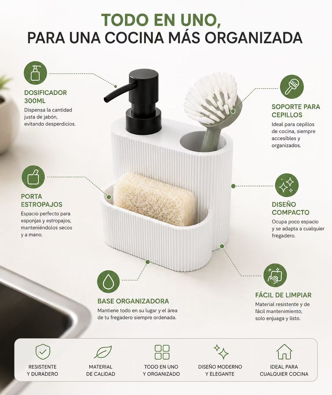 Dispensador de Jabón Cocina con Porta Estropajos, Dosificador Jabón Resina Elegante para Fregadero 300 ml, Soporte para Esponja y Cepillo, Diseño Moderno Blanco, Esponja y Cepillo no incluidos