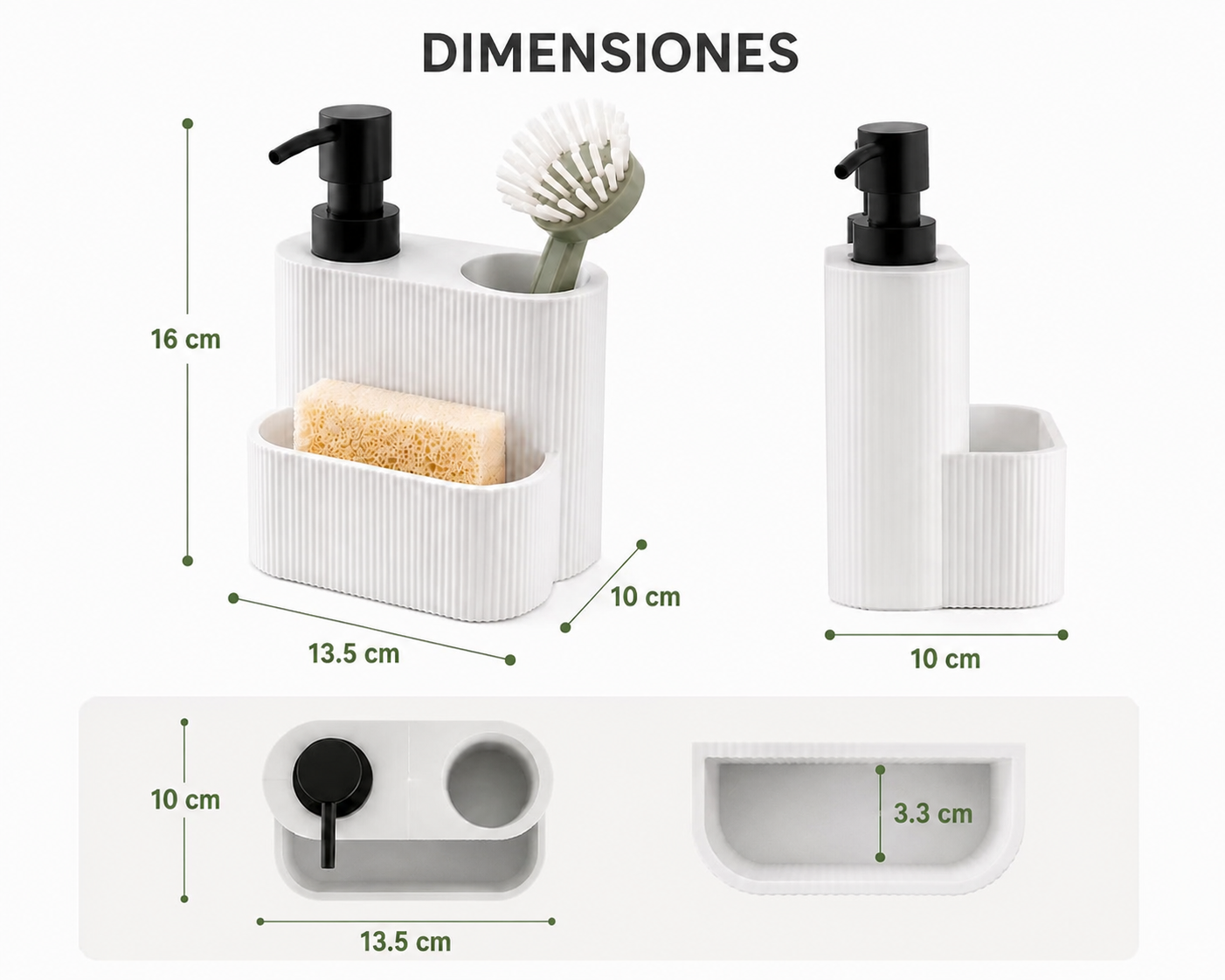 Dispensador de Jabón Cocina con Porta Estropajos, Dosificador Jabón Resina Elegante para Fregadero 300 ml, Soporte para Esponja y Cepillo, Diseño Moderno Blanco, Esponja y Cepillo no incluidos