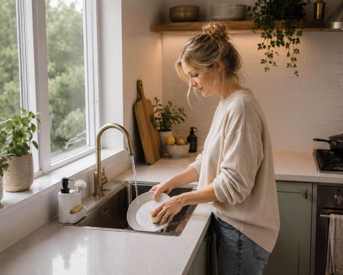Dispensador de Jabón Cocina con Porta Estropajos, Dosificador Jabón Resina Elegante para Fregadero 300 ml, Soporte para Esponja y Cepillo, Diseño Moderno Blanco, Esponja y Cepillo no incluidos