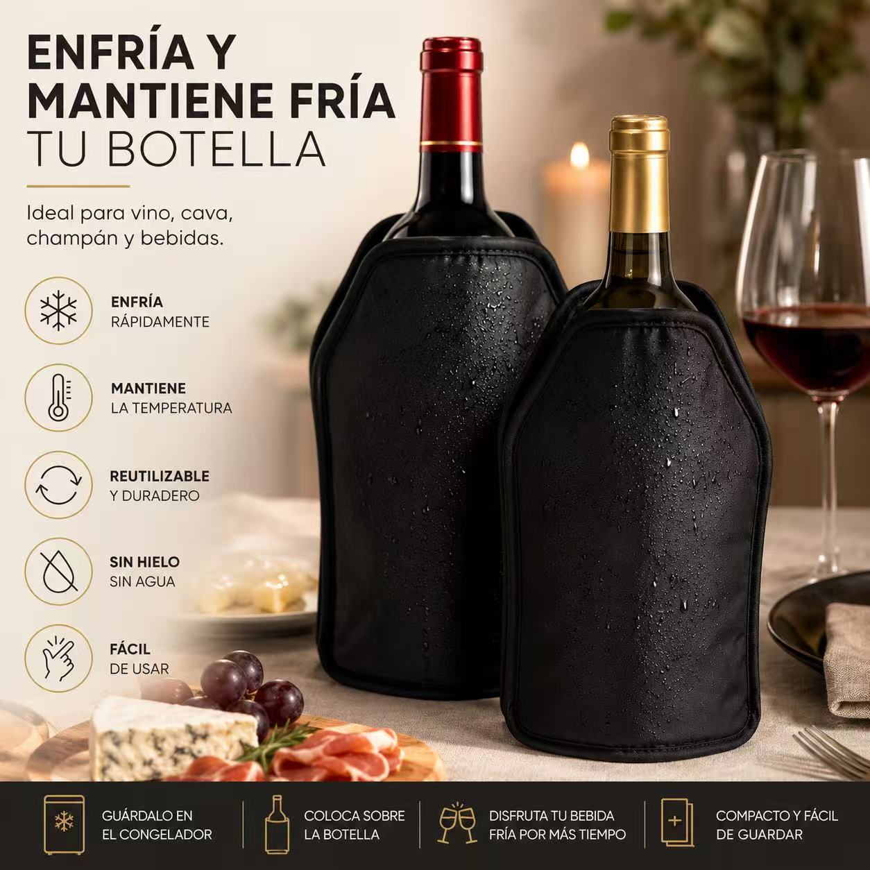 Fundas Enfriadoras para Vino 15 x 22 x 1,5 cm, con Gel Refrigerante Reutilizable, Enfriador para Botellas de Vino, Cava y Champán, Negro Pack de 2 Unidades