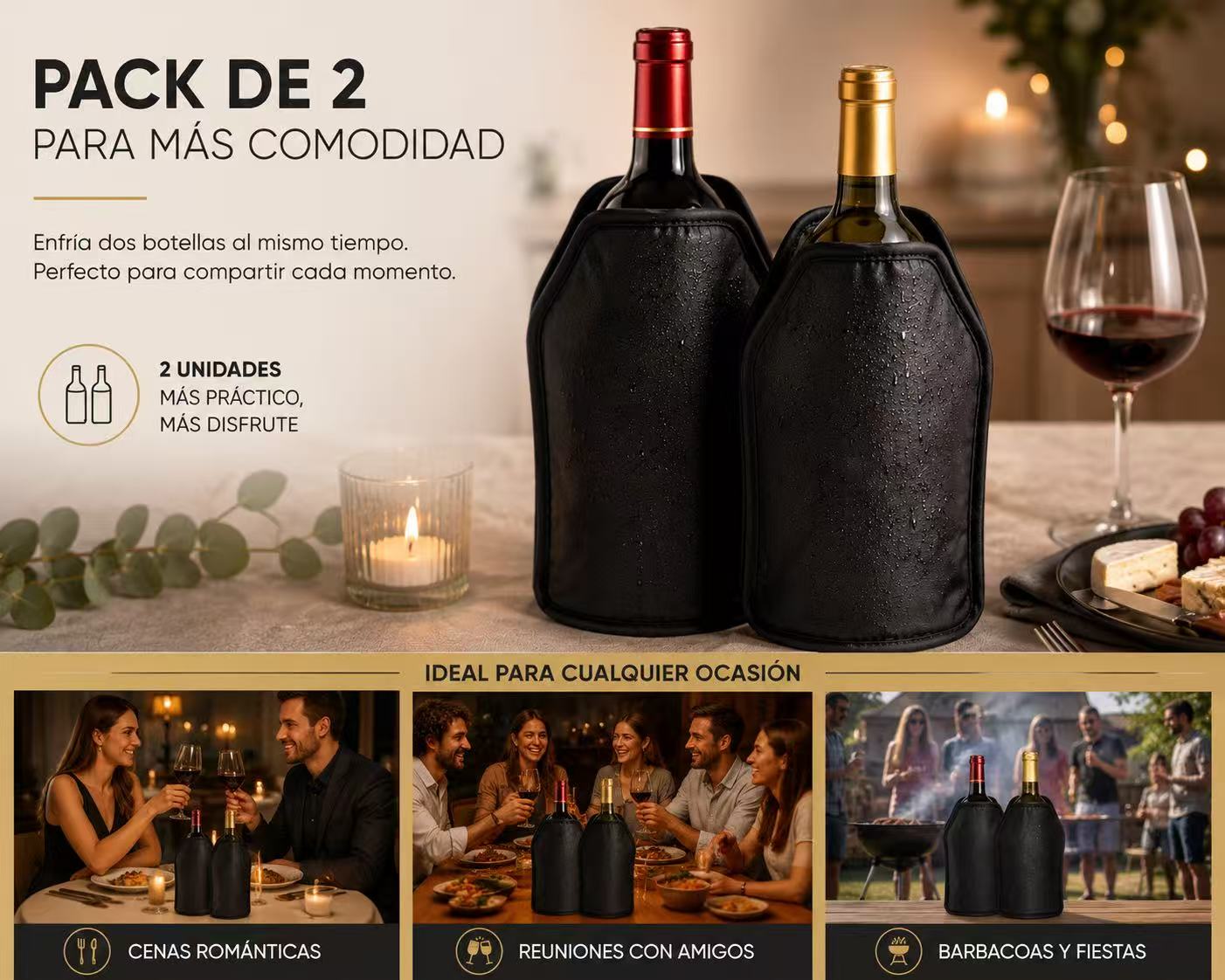 Fundas Enfriadoras para Vino 15 x 22 x 1,5 cm, con Gel Refrigerante Reutilizable, Enfriador para Botellas de Vino, Cava y Champán, Negro Pack de 2 Unidades