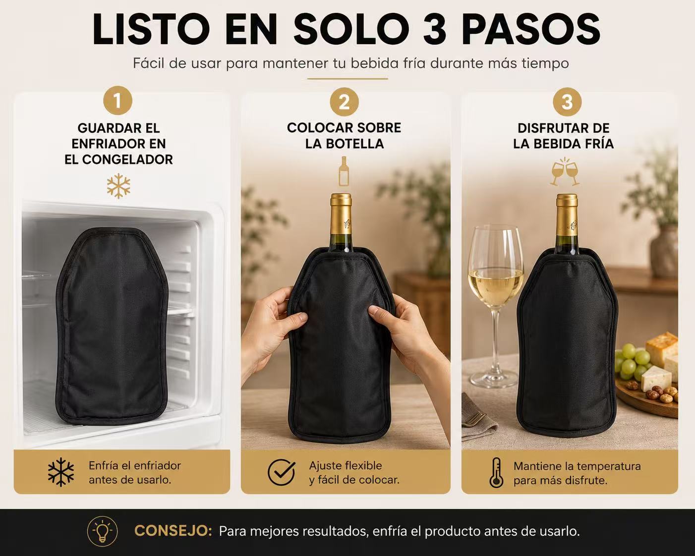 Fundas Enfriadoras para Vino 15 x 22 x 1,5 cm, con Gel Refrigerante Reutilizable, Enfriador para Botellas de Vino, Cava y Champán, Negro Pack de 2 Unidades